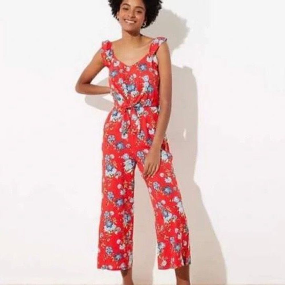 Loft Red Floral Tie Front Jumpsuit